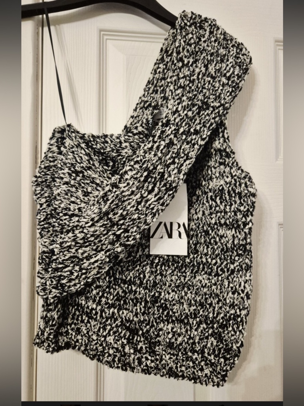 Zara Black and White Marled Off-the-Shoulder Sweater